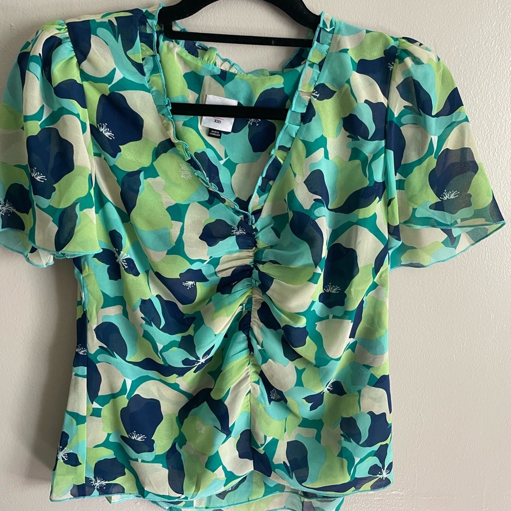 CAbi Blue and Green Patterned Blouse XXS